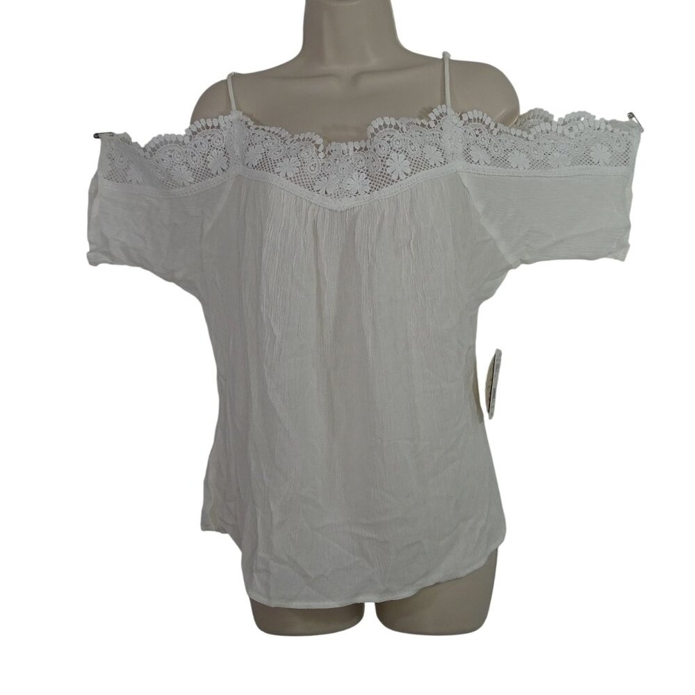Gypsies and Moondust White Off-Shoulder Lace Trim Top Women Size L Summer FLAW